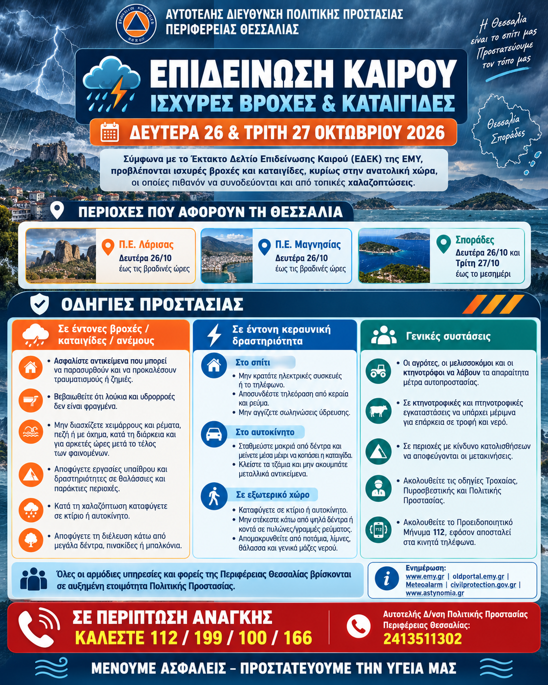 Επιδείνωση του καιρού τη Δευτέρα (26-10-2026) και την Τρίτη (27-10-2026) σε Λάρισα, Μαγνησία και Σποράδες με ισχυρές βροχές και καταιγίδες και πιθανές τοπικές χαλαζοπτώσεις